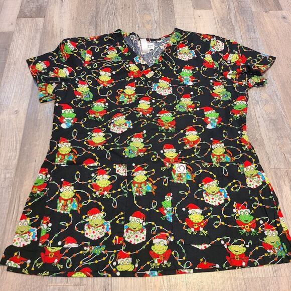 Peaches uniform medium women's Christmas frog scrub top - Picture 1 of 7